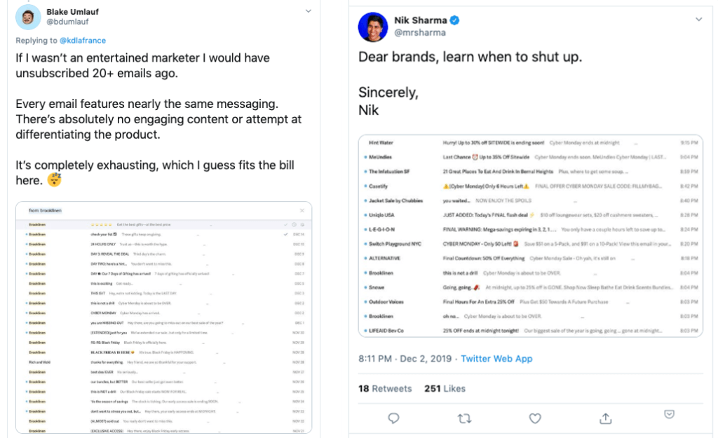 twitter screenshots from frustrated DTC marketing recipients