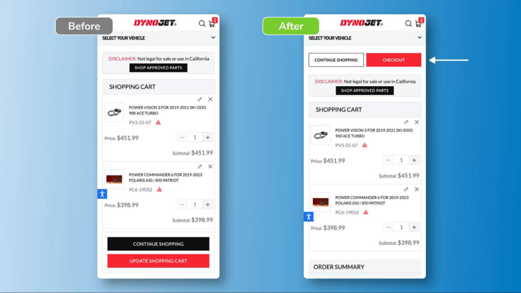 Before and after comparison of shopping cart design and checkout button for Dynojet