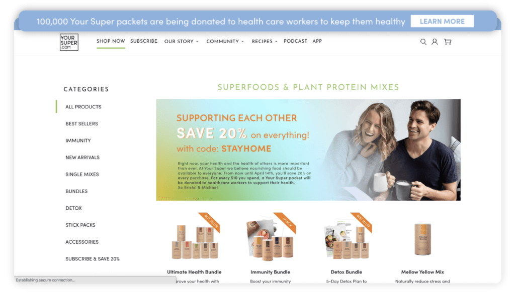 superfood home page screenshot shows community values and free shipping for purchase incentive