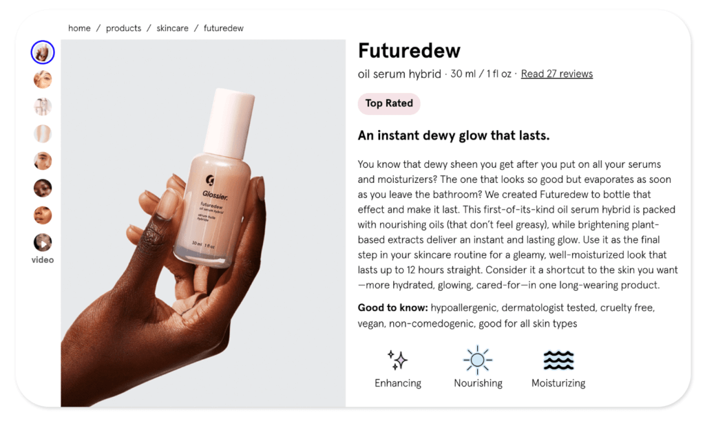 Futuredew product detail page with icons