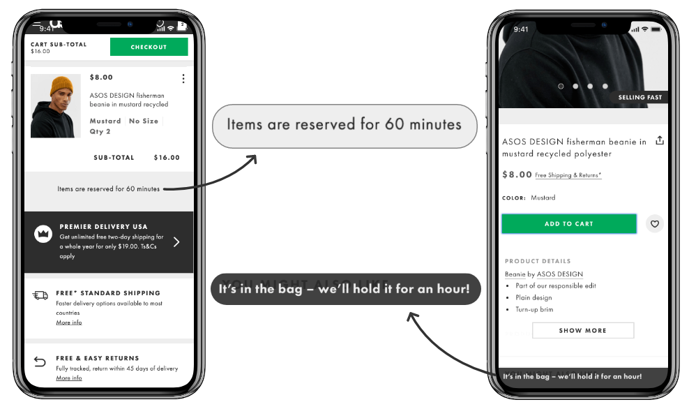 Asos example of timed items in your bag