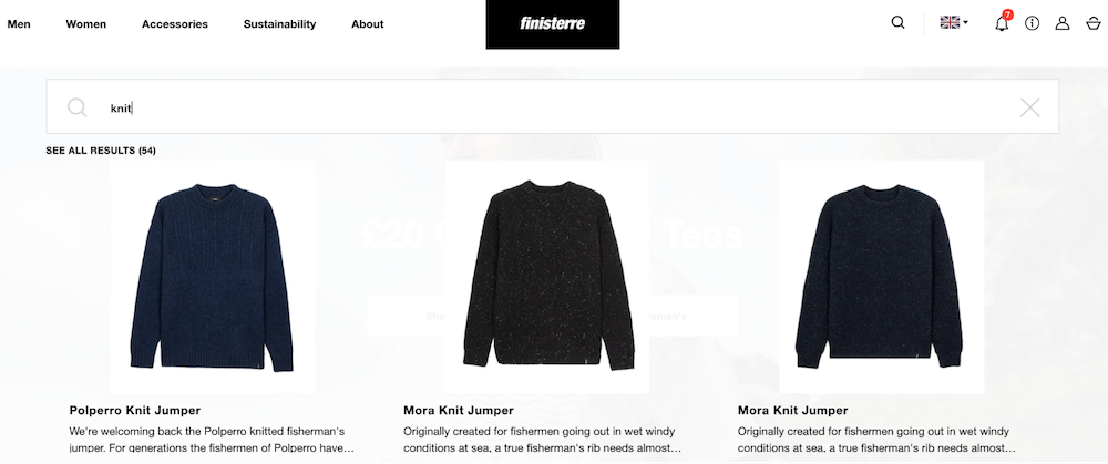 Finisterre ecommerce site search includes auto suggestions and visuals