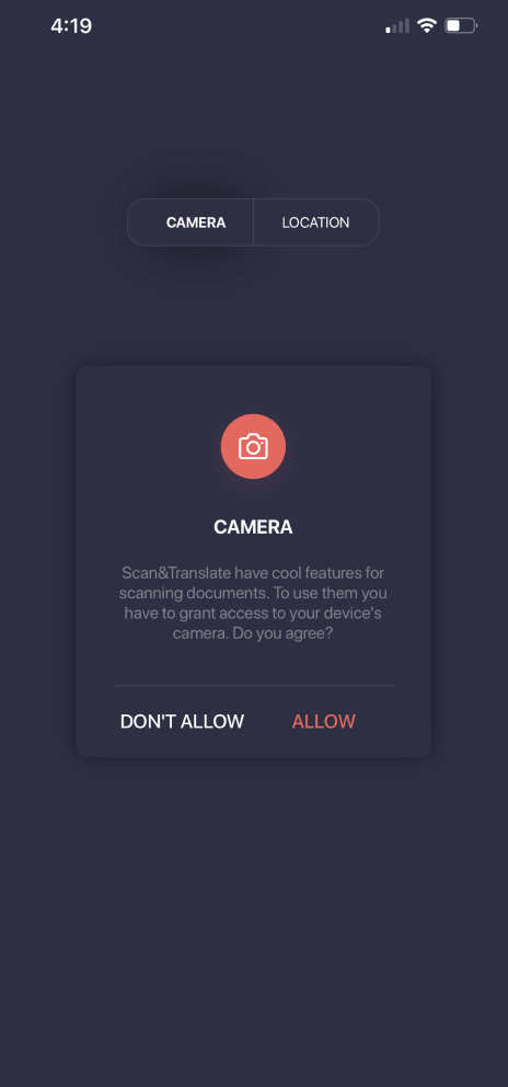 camera permission during user onboarding