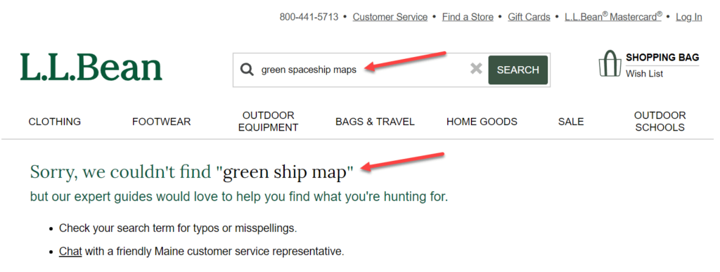 l.l.bean ecommerce site search led to a dead end