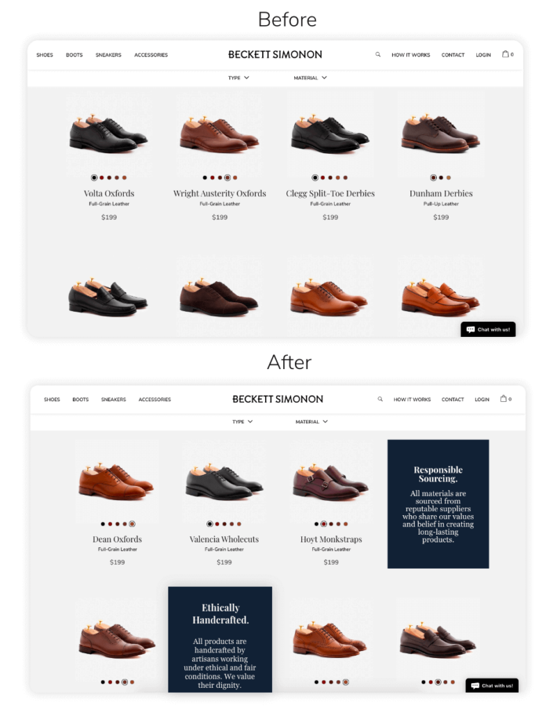 Test idea being applied to product page of shoe company (t)