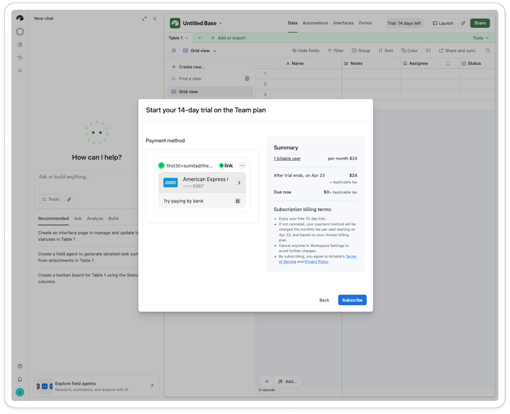 Airtable's trial conversion is an example of potential trust risk when deciding how to create urgency in saas trials.