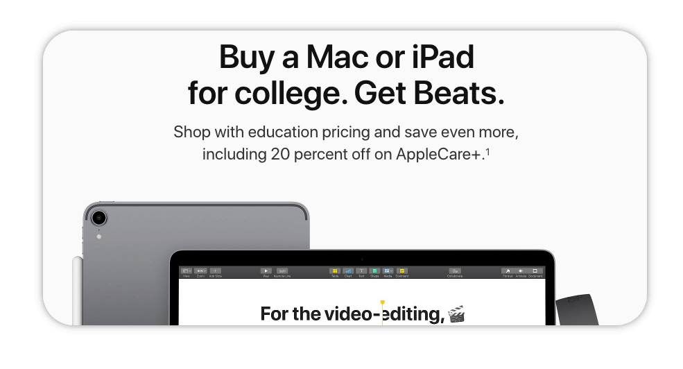 Apple's sale promotions idea offers Beats when a college student purchase a Mac or iPad