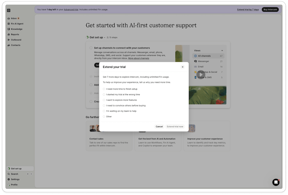 Intercom's trial extension is an example of how to create urgency in saas trials.