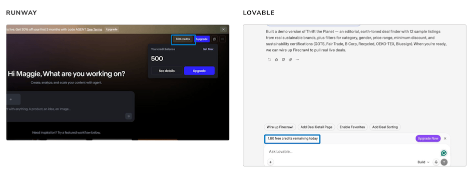 Screenshot examples of how Runway and Lovable incorporate AI credits balance views within their interface.