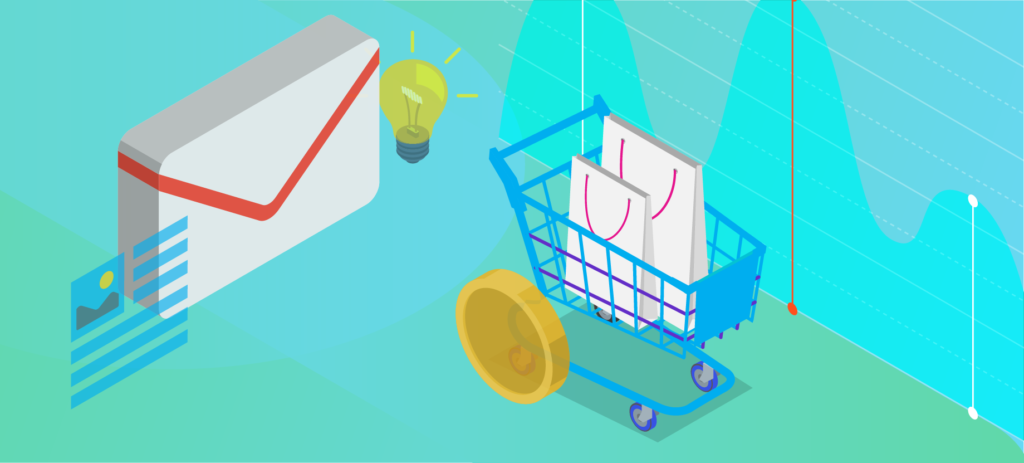 shopping cart and email graphic representing ecommerce fraud