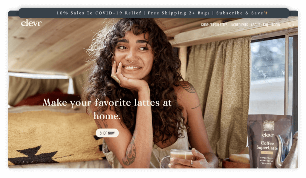 clevr brands home page screenshot uses free shipping + social good to incentivize purchase