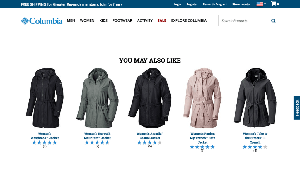 columbia ecommerce site search includes suggestions for things you might also like