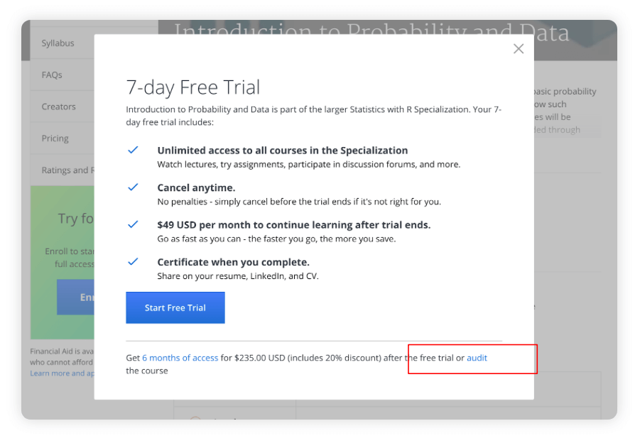 free trial tricks customers into sharing their information when they could just audit a course. this is considered a dark pattern