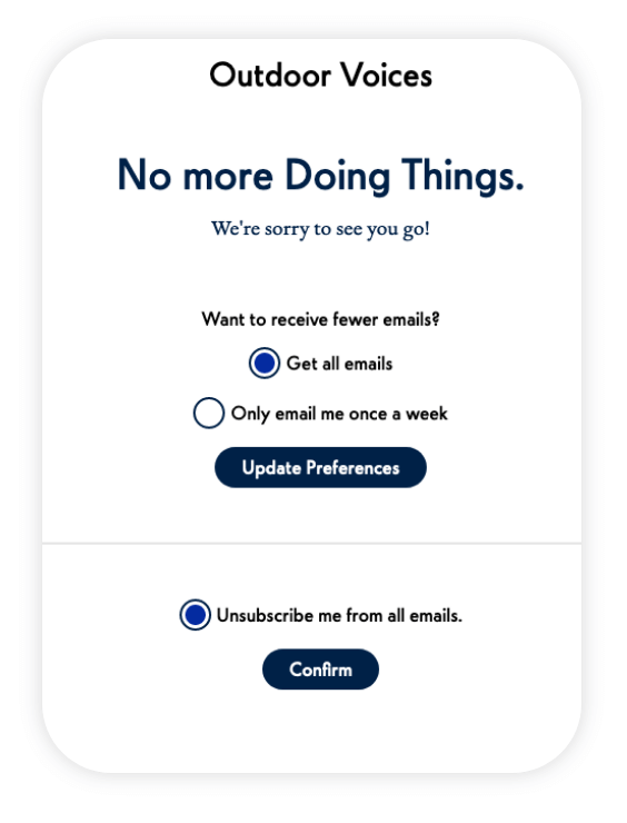 Unsubscribe email options from Outdoor Voices