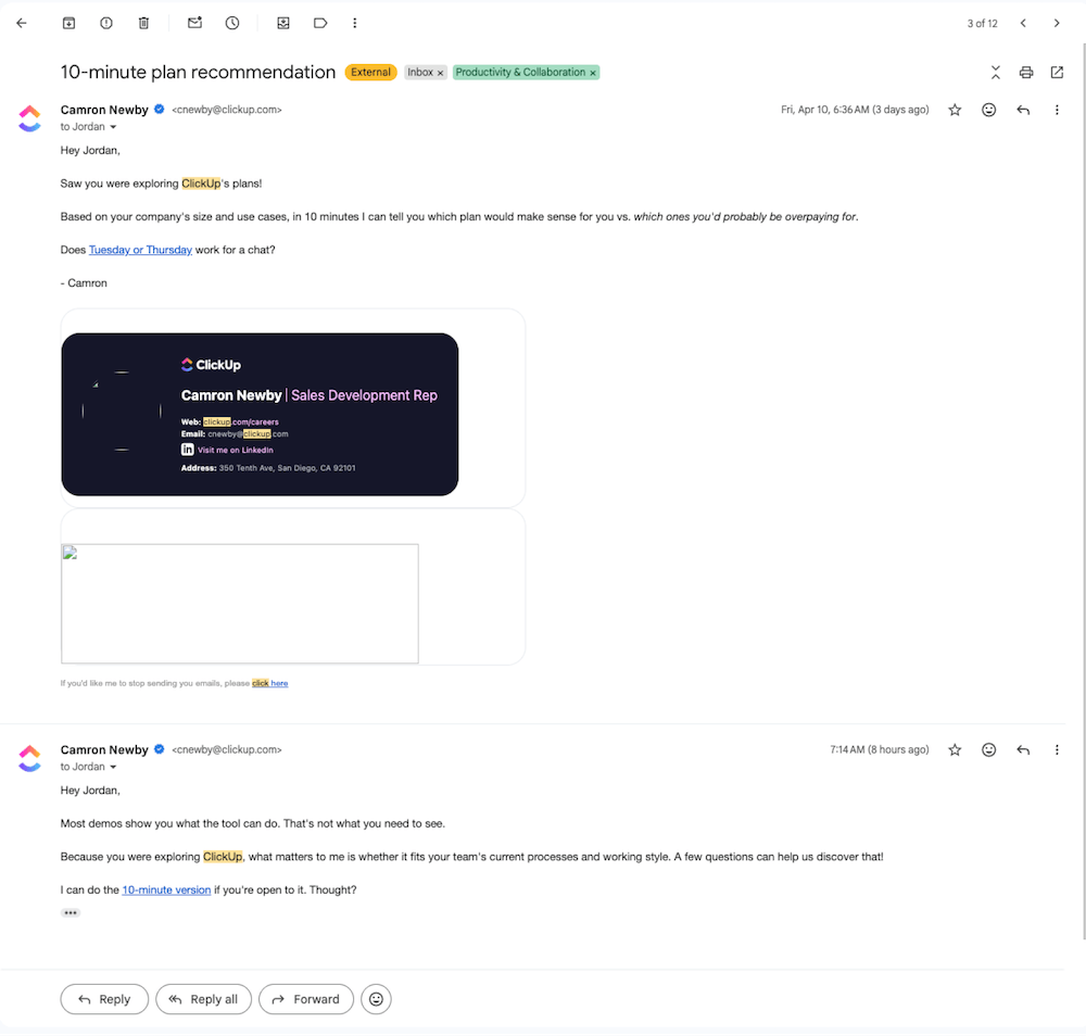 A sales outreach timing example for how to create urgency in saas trials.