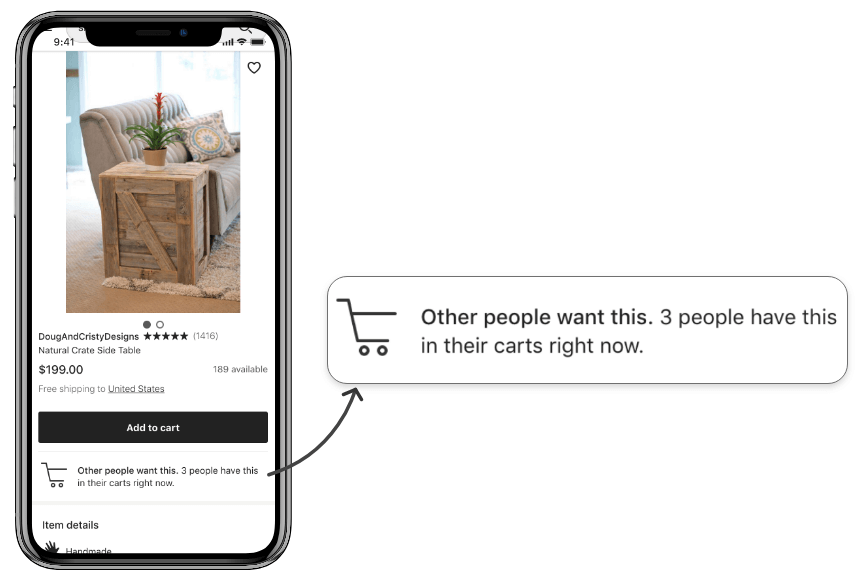 create urgency like Etsy by showing others have the item in cart