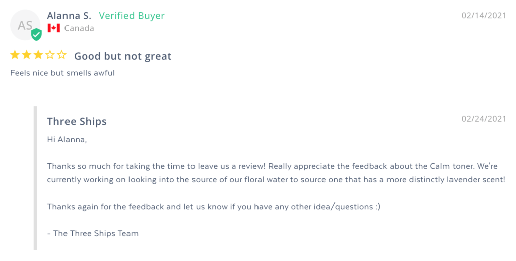 User review feedback reply from Three Ships team to address customer needs