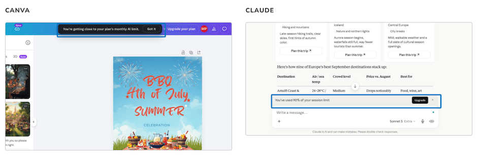 Screenshot of the approaches Canva and Claude take to limit warnings for AI credits.