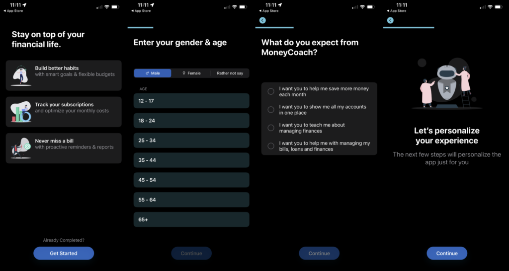 Money coach user onboarding example