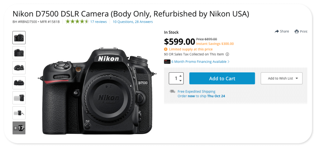 Product detail page for Nikon camera