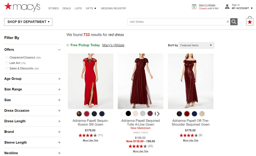 screenshot of macys ecommerce site search for red dress