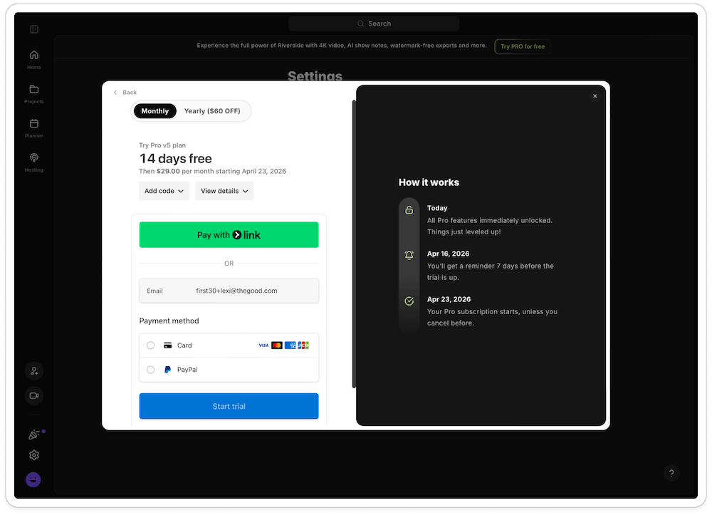 An example from Riverside of how to create urgency in saas trials.