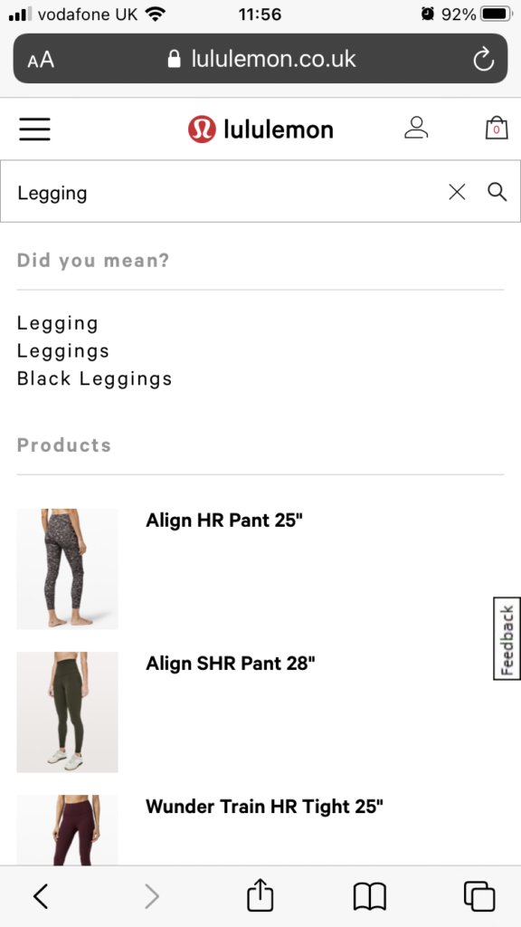 lululemon ecommerce site search on mobile