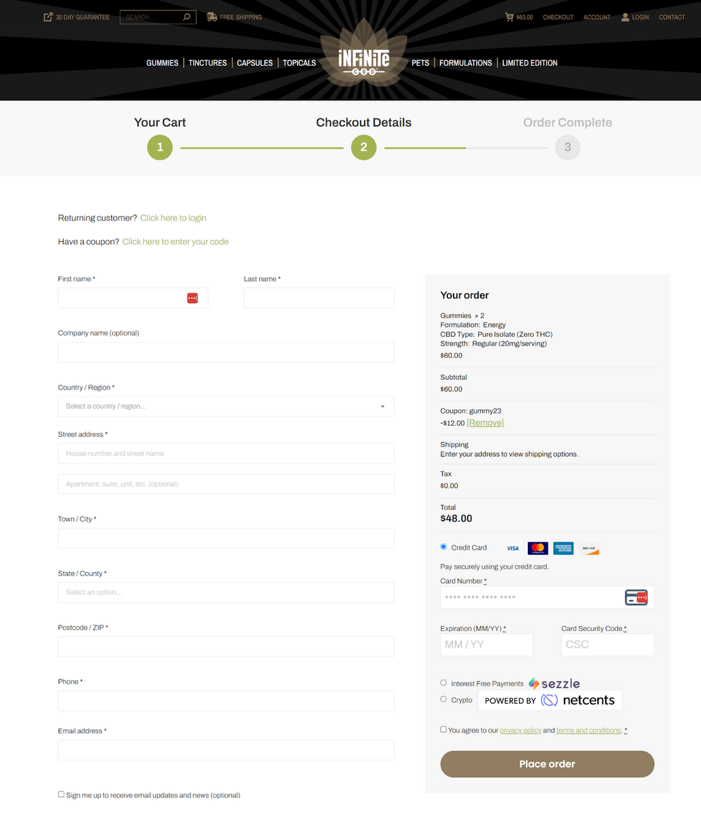 Infinite cbd checkout page design with two columns and minimal information required keeps the process less confusing