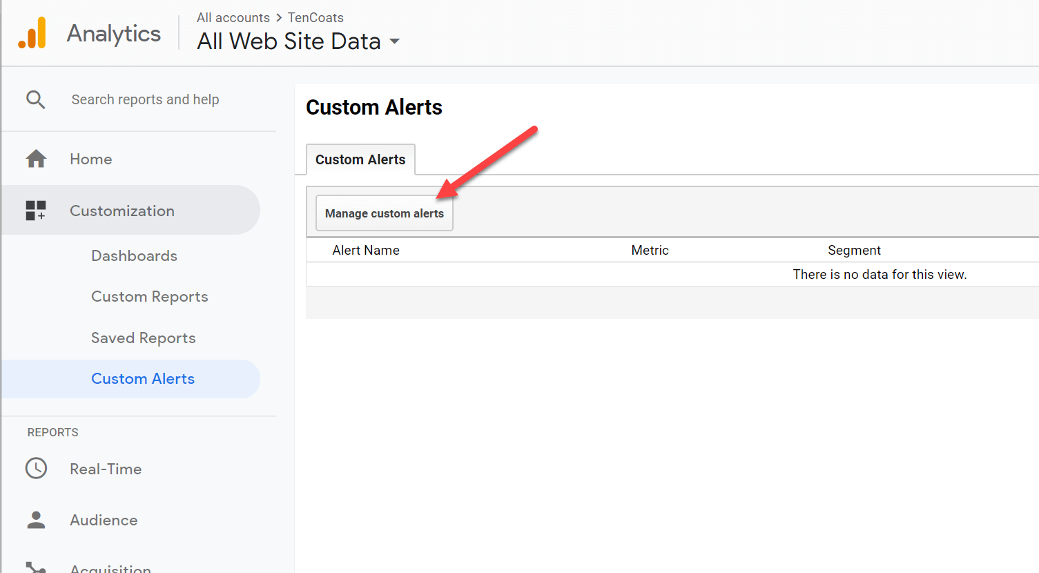 Google Analytics custom alerts screenshot