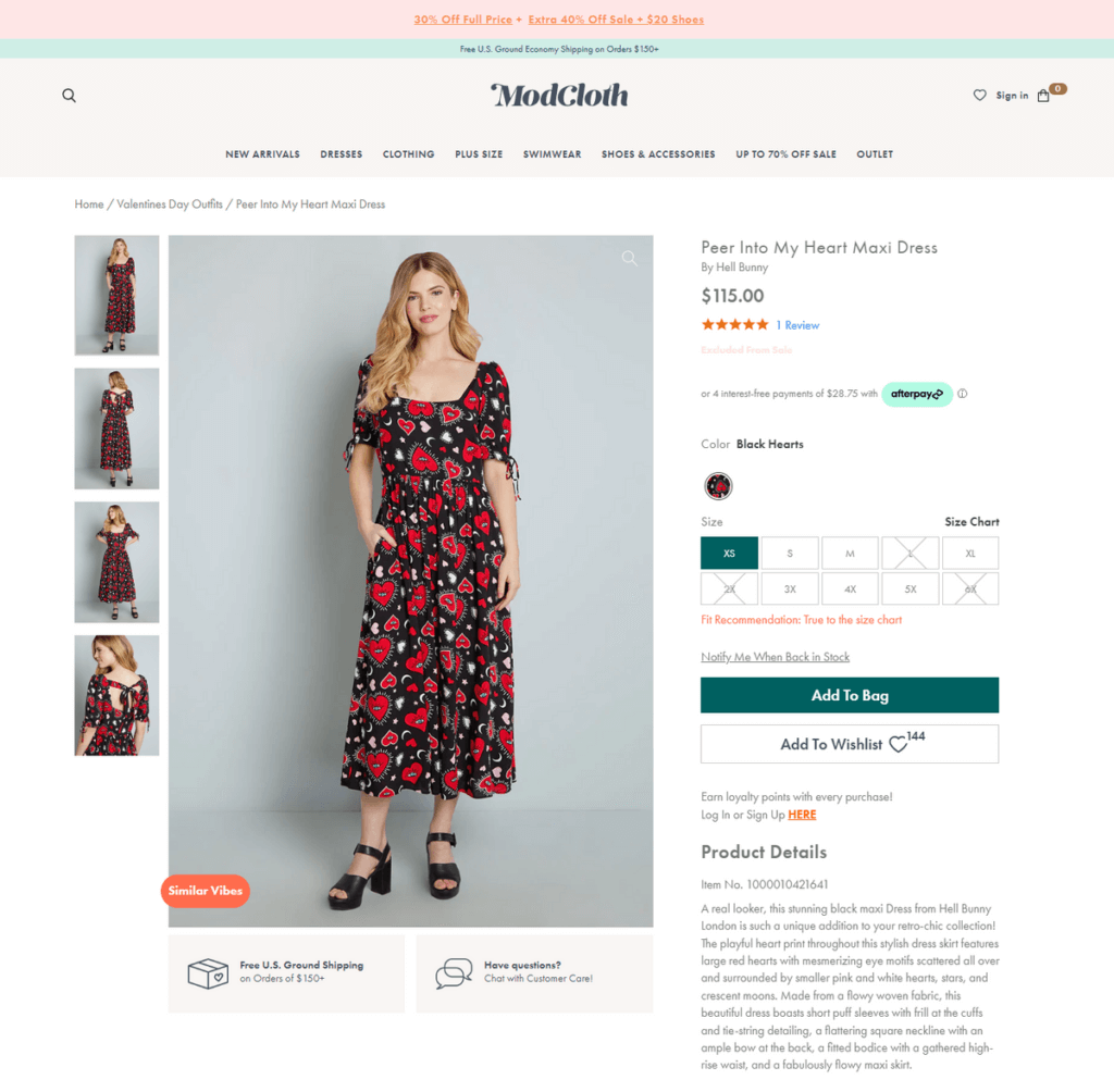 Modcloth product page making use of scale and contrast in their visual design by placing large and small images along with colorful CTA buttons