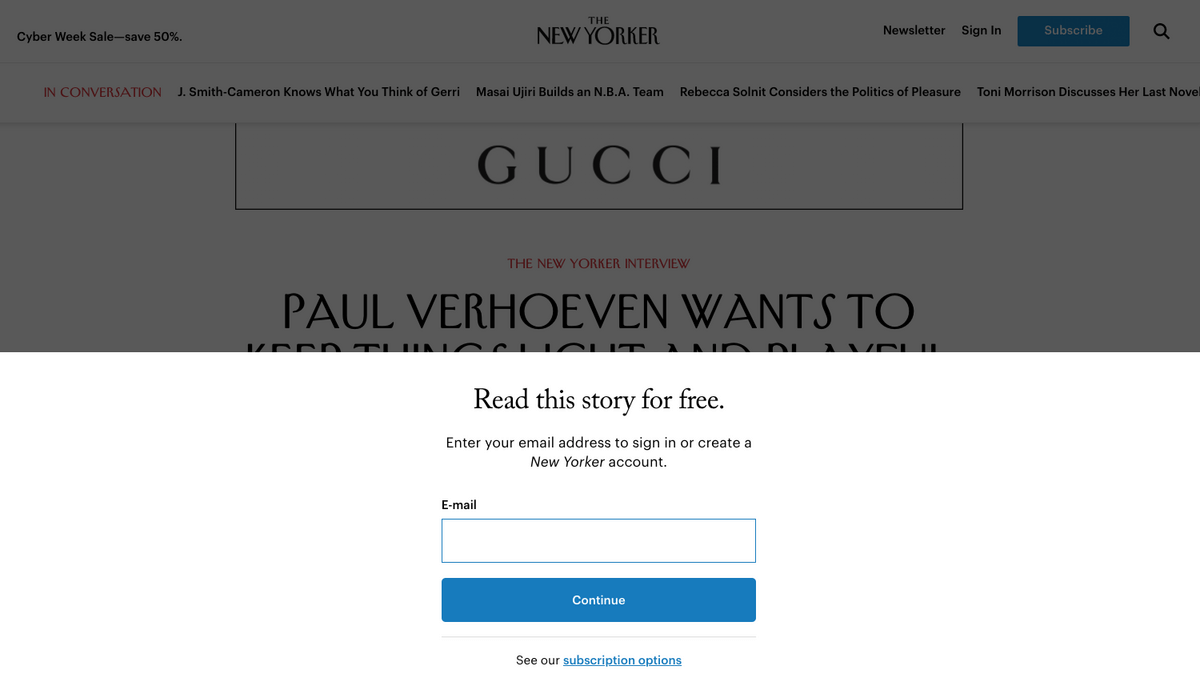 The New Yorker paywall asking people to sign up for free account to get access to content