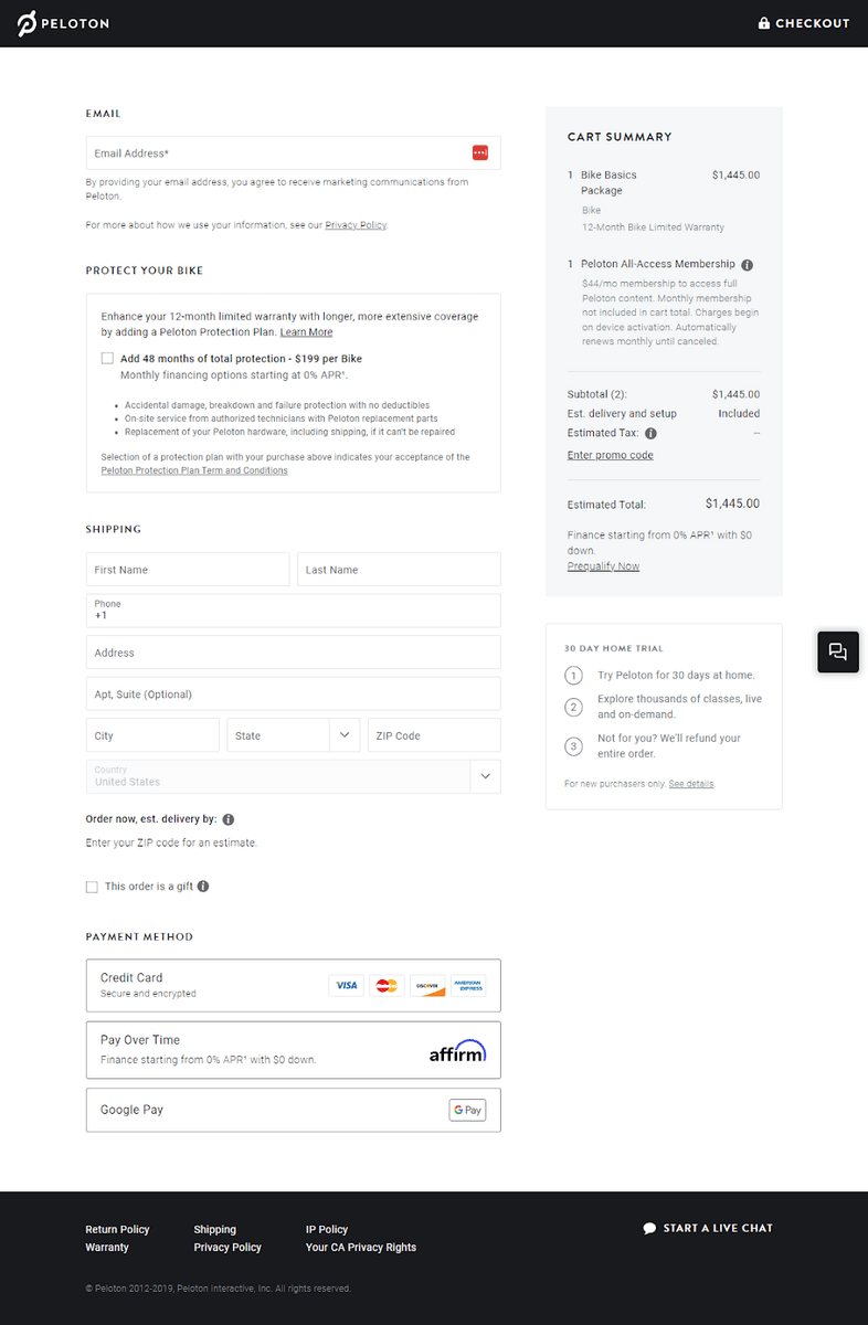 Peleton checkout page design is very minimalist and organized while still managing to include an upsell option
