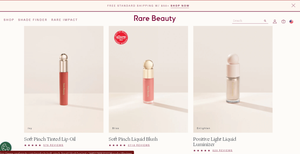 Rare Beauty category page with social proof below product images