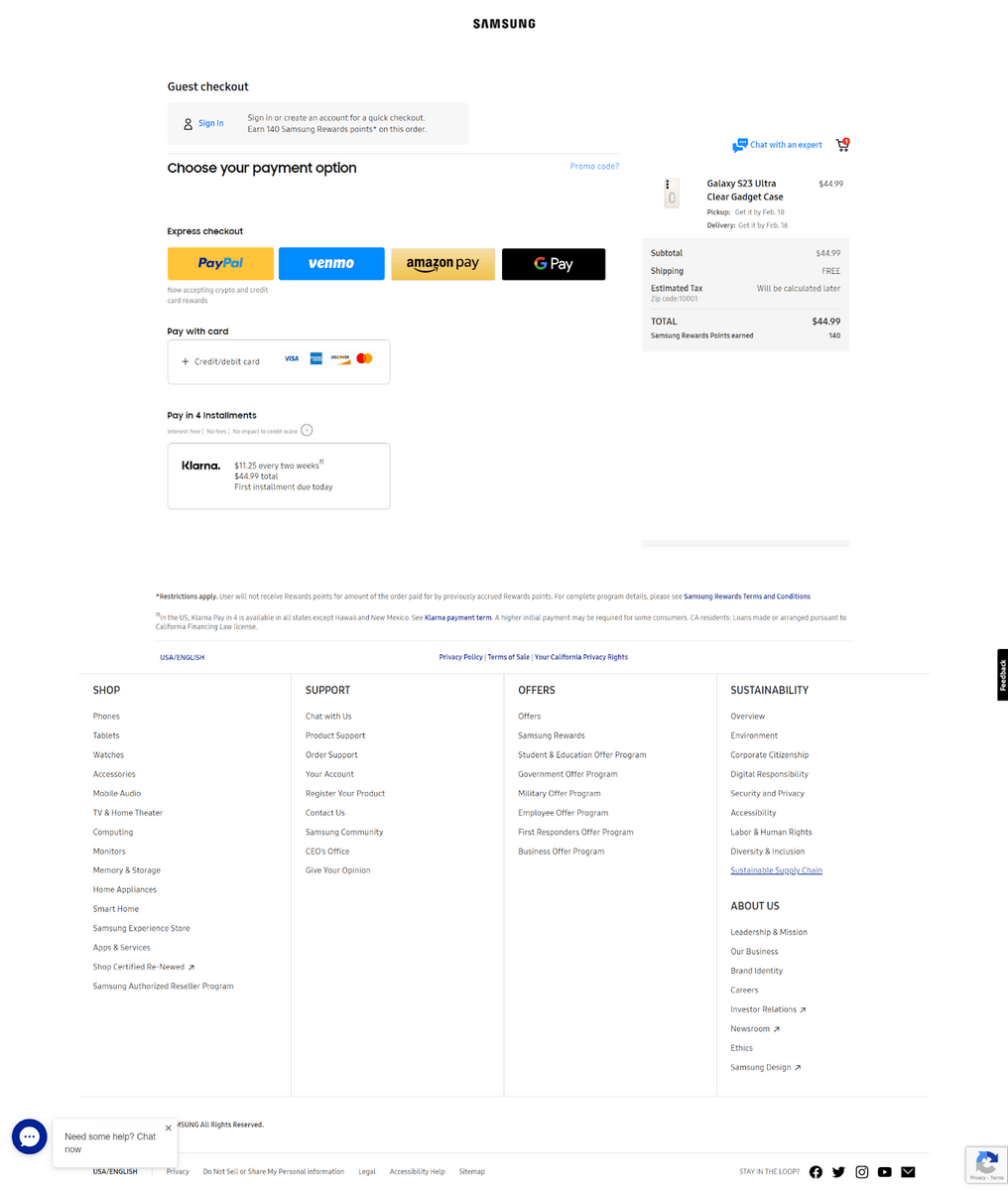 photo of Samsun's checkout page design that is more unique compared to others because fields are only visible when being filled out