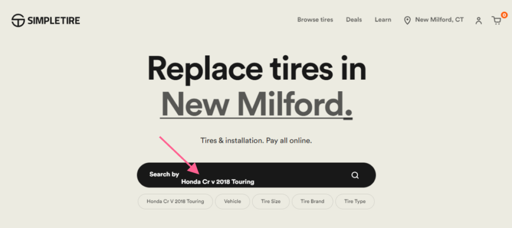 image of Simple Tire search bar suggesting the same model previously viewed by the customer as part of the ecommerce personalization experience and for quicker navigation