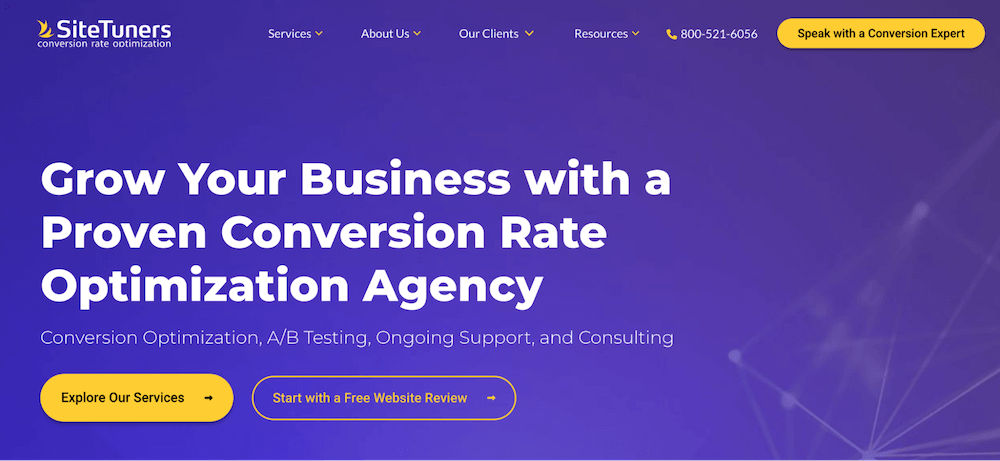 An example of the website for SiteTuners, featured in The Best CRO Agencies for Growing SaaS Companies and DTC Brands.