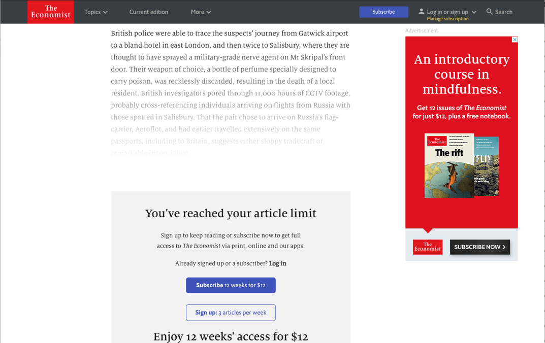 The Economist paywall showing when people have reach their article limit and showing subscription options