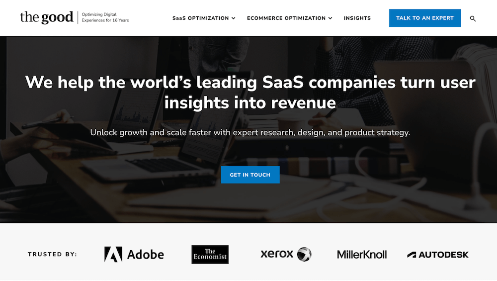 An example of the website for The Good, featured in The Best CRO Agencies for Growing SaaS Companies and DTC Brands.