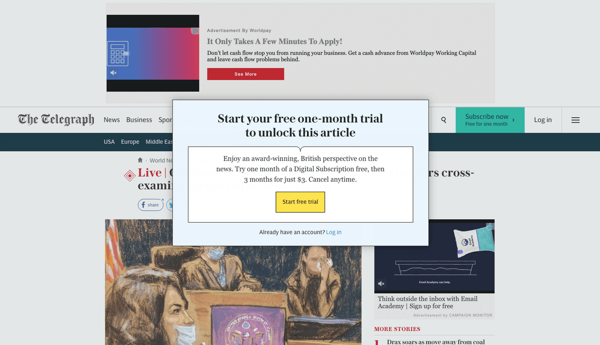 The telegraph paywall offering free one month trial to unlock content