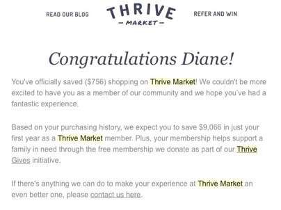 Thrive market subscription email congratulating for savings