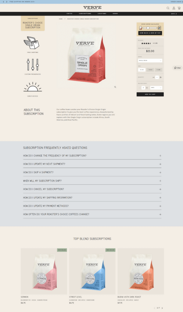 Verve product detail page showing the visual design using balance by applying the same amount of elements on both sides of the page