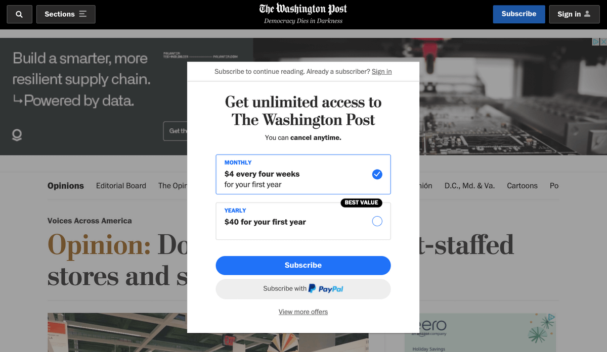 Paywall strategy of Washington Post showing different subscription plans and a PayPal option