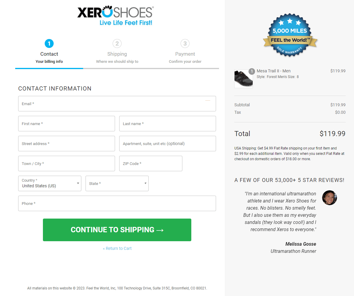 Xero shoes checkout page incorporating some quality information and social proof while maintaining a clean and organized layout